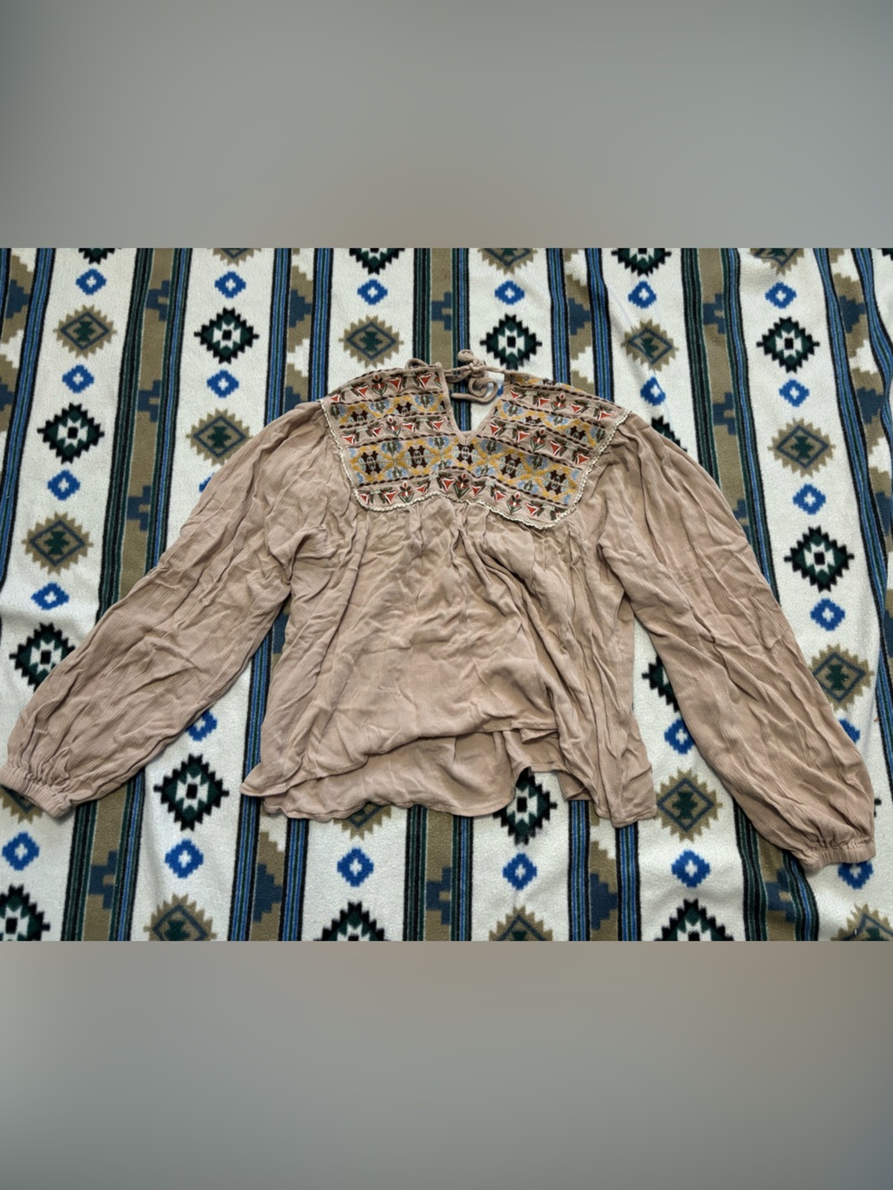 Boho Embroidered Taupe Peasant Blouse with Yoke Detail